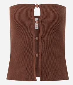 Blusa Sem Alça em Tricô com Recortes e Aviamentos