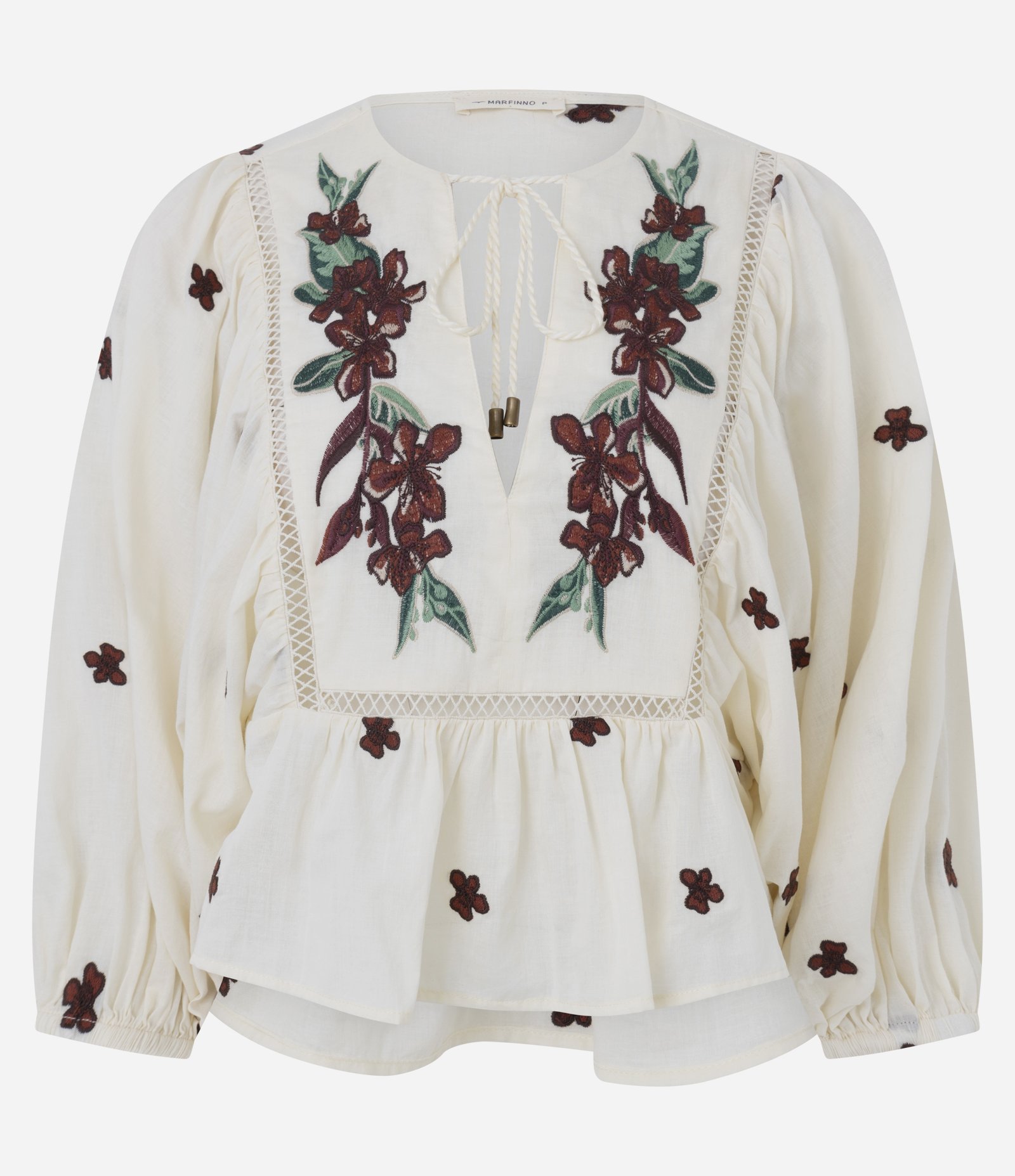 Blusa em Algodão com Bordado Floral e Amarração no Decote Bege 5