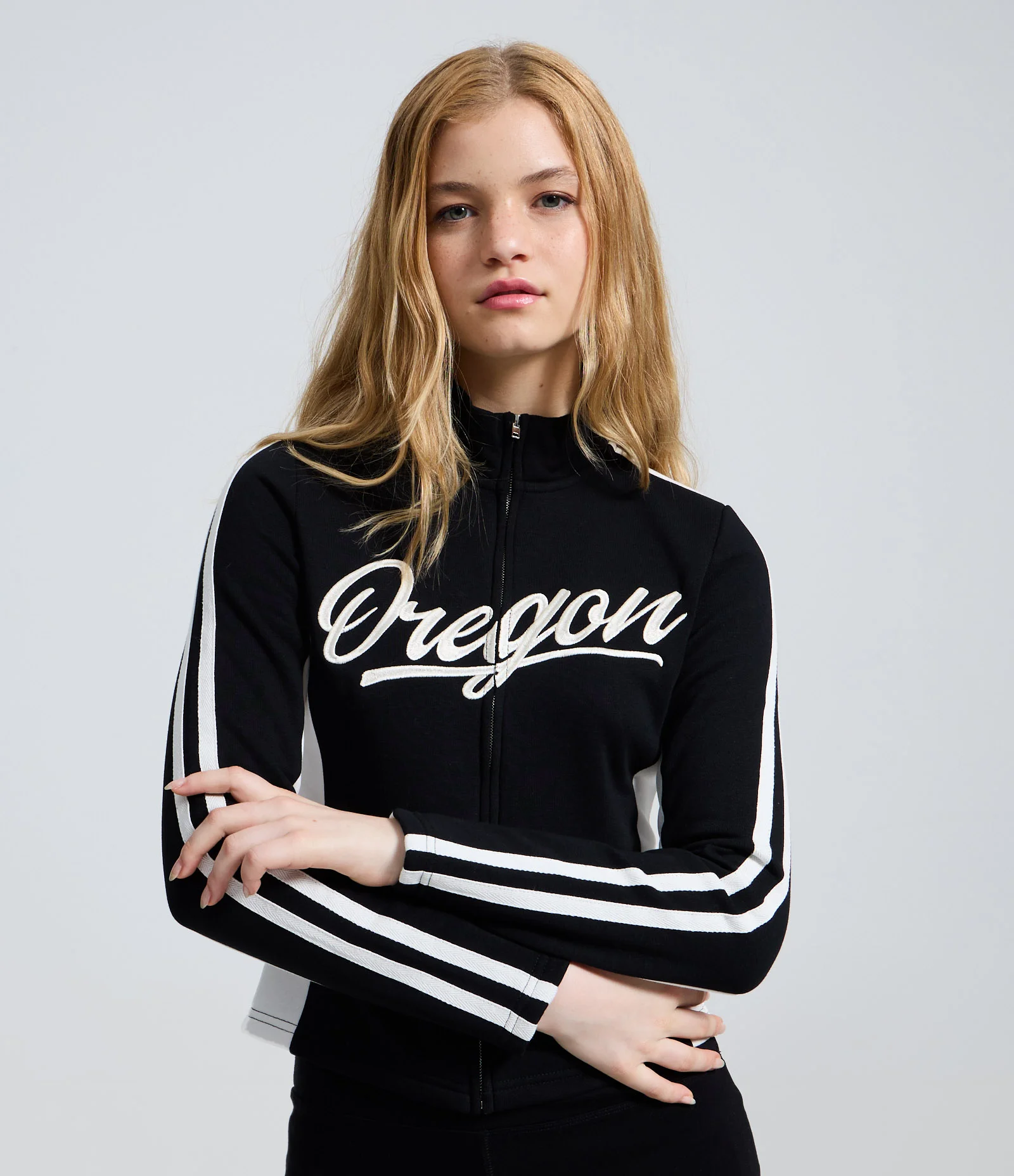 Jaqueta Biker em Moletom com Lettering Oregon Preto 1