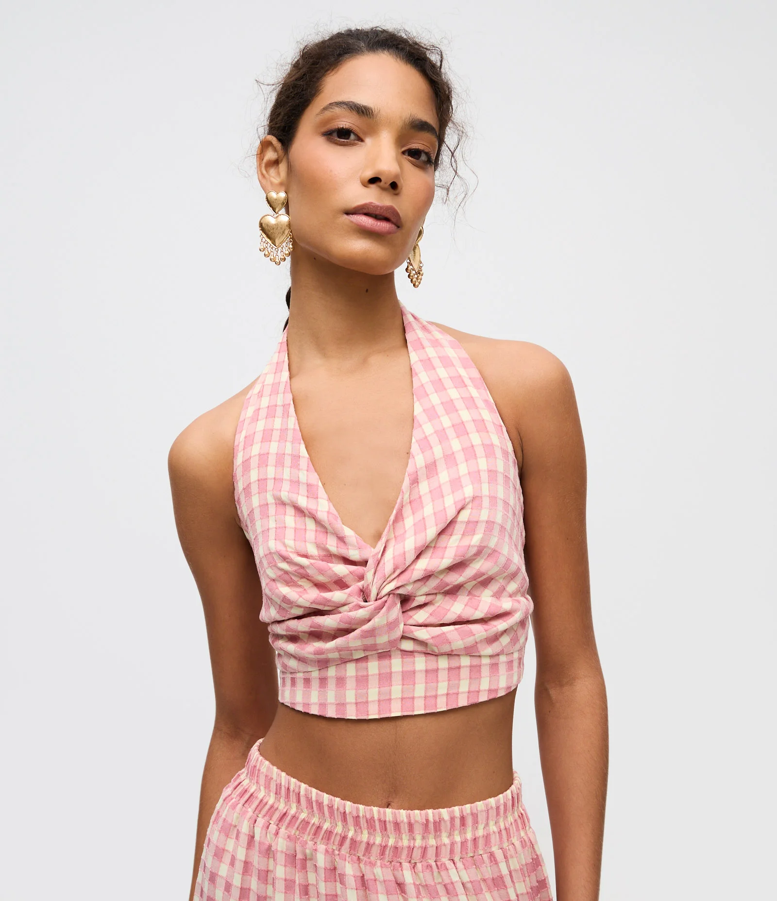 Blusa Frente Única Xadrez com Amarração Frontal Rosa 1