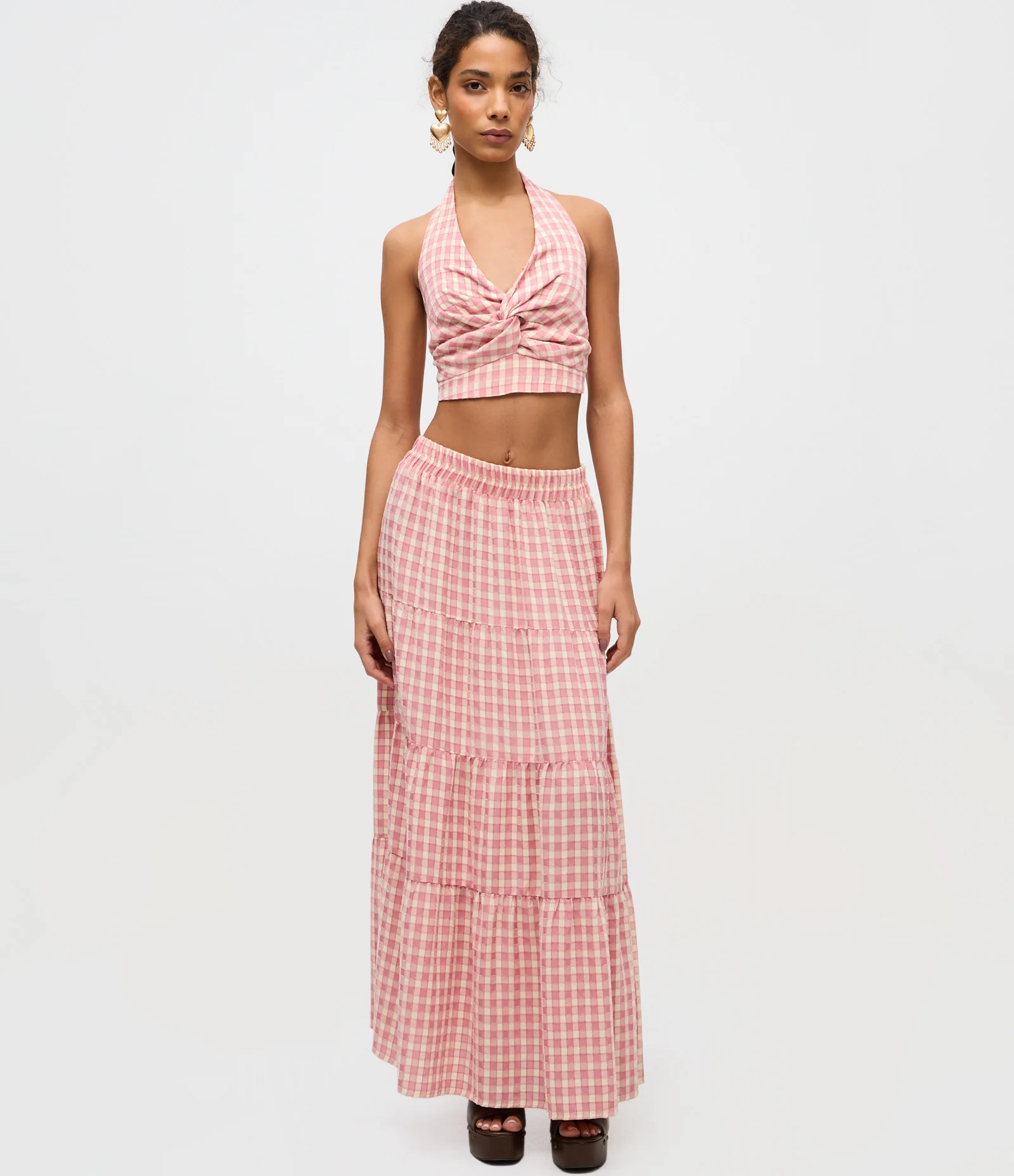 Blusa Frente Única Xadrez com Amarração Frontal Rosa 2