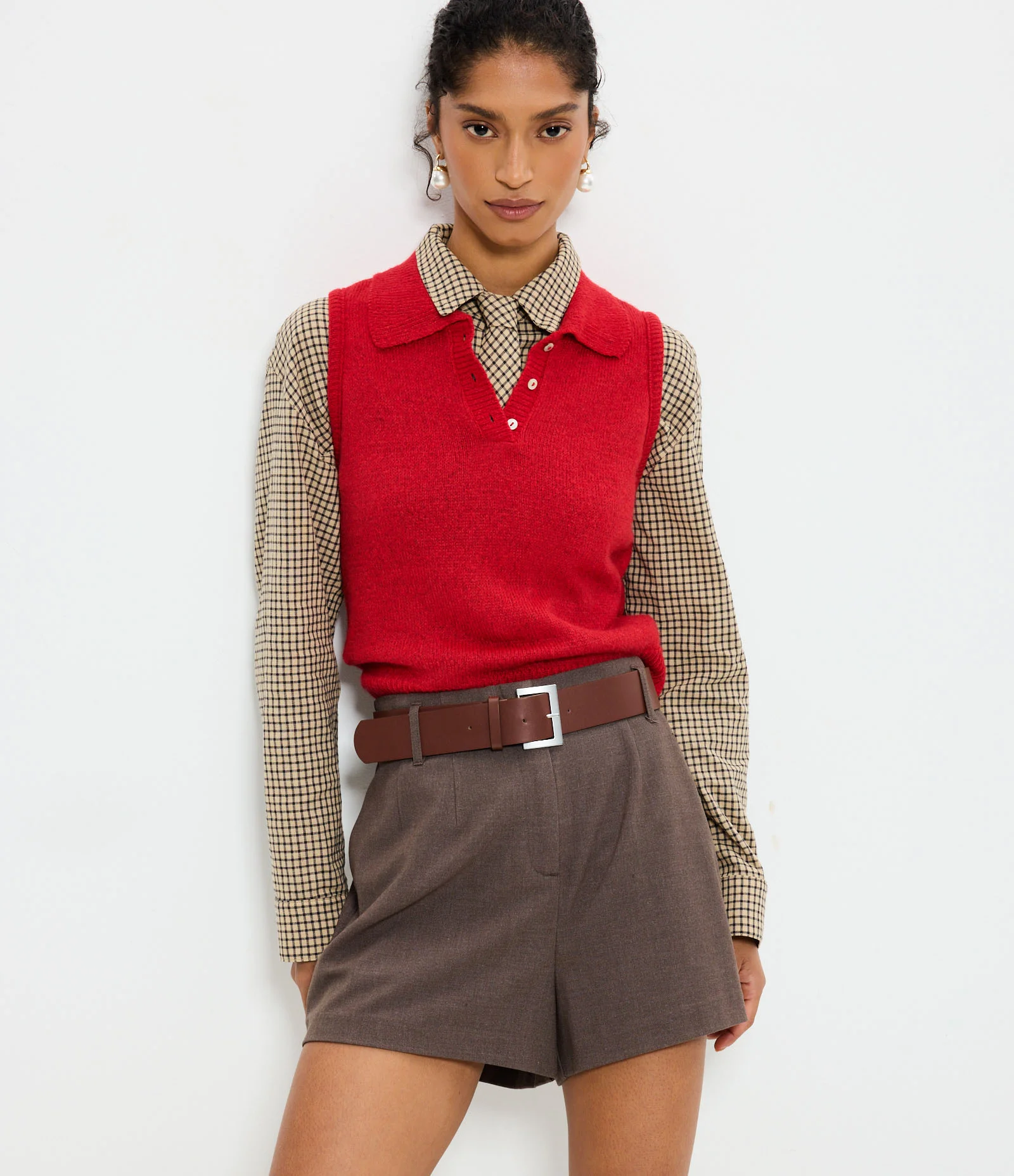 Short Alfaiatado em Tweed com Cinto Marrom 1
