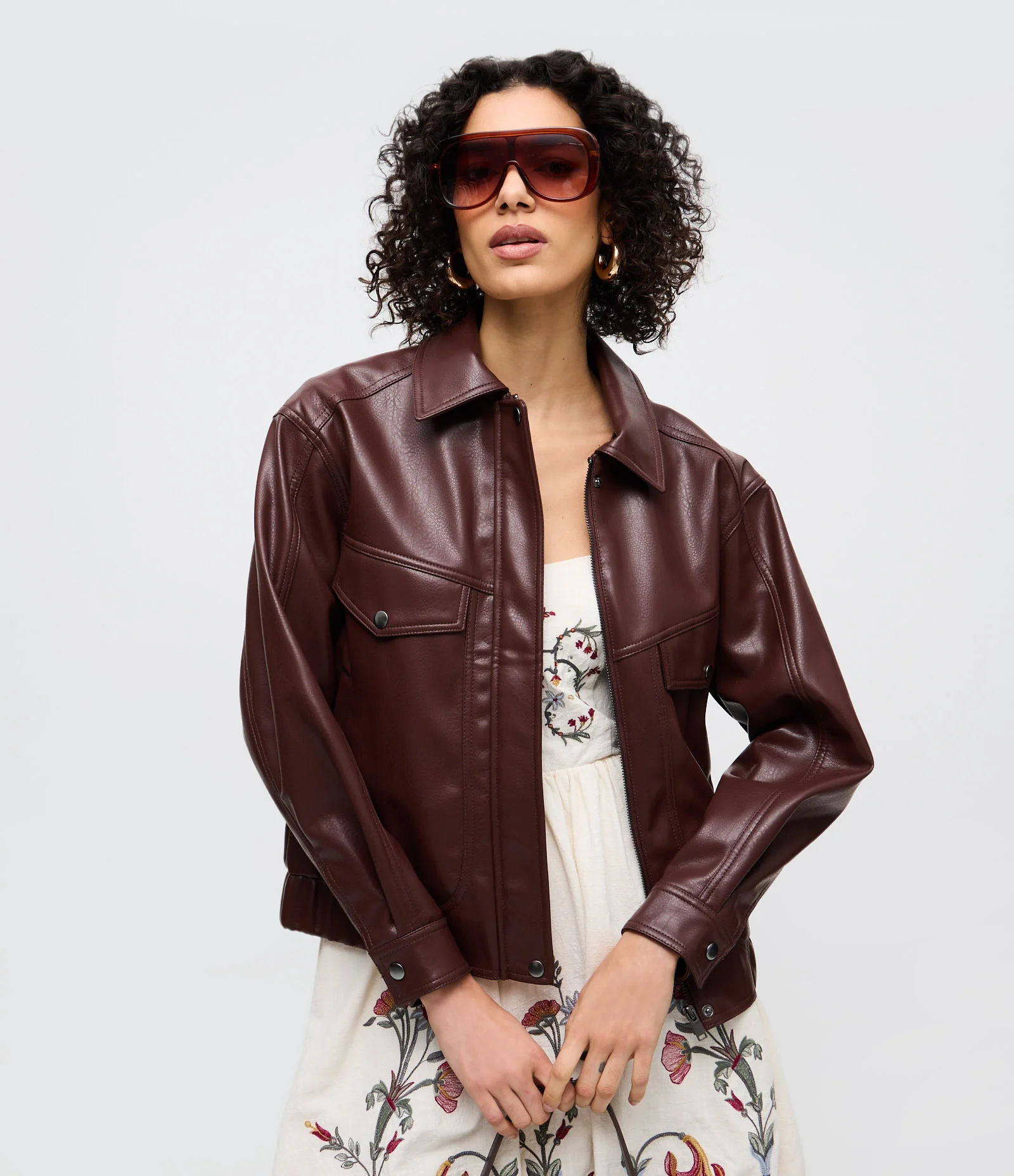 Jaqueta Bomber em PU com Bolsos Frontais Marrom 1