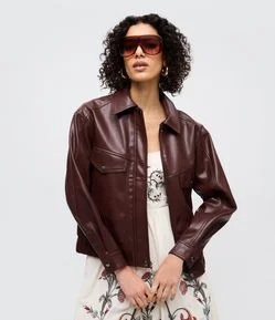 Jaqueta Bomber em PU com Bolsos Frontais
