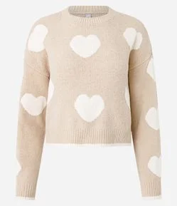 Suéter Slim em Tricô com Corações e Cava Deslocada