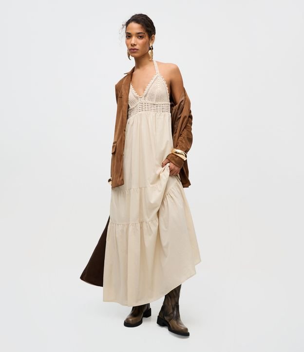 Vestido Longo Frente Única com Busto Efeito Crochê