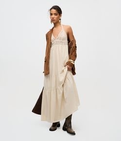 Vestido Longo Frente Única com Busto Efeito Crochê