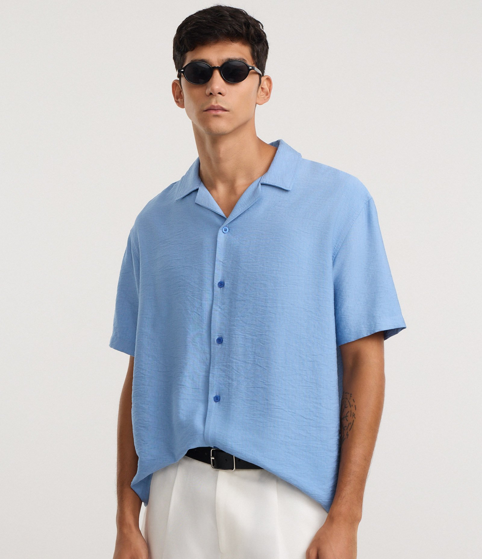 Camisa Boxy em Viscose com Textura bowling Azul 1