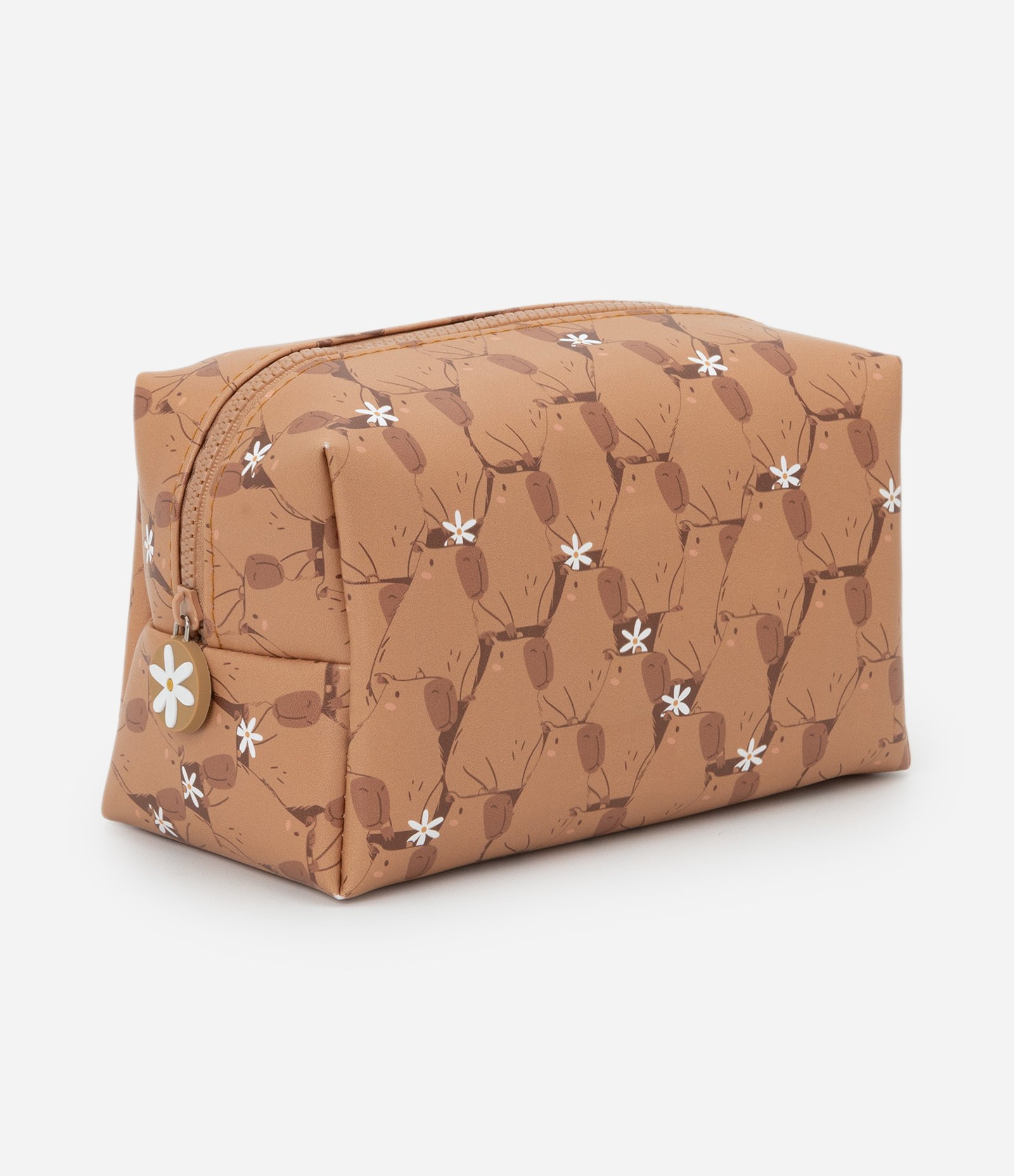 Necessaire Retangular em PU com Estampa de Capivaras Marrom 1