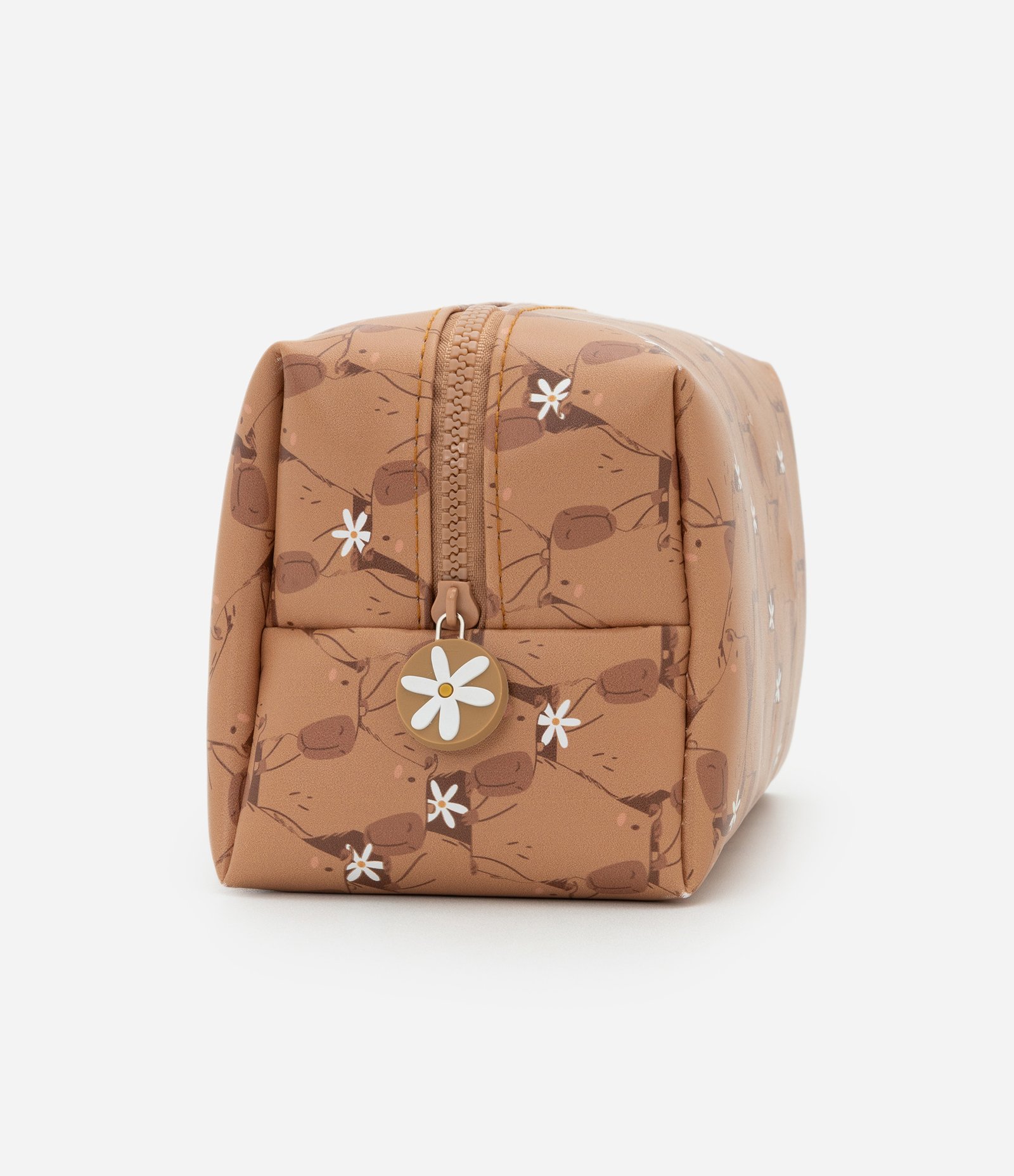 Necessaire Retangular em PU com Estampa de Capivaras Marrom 2