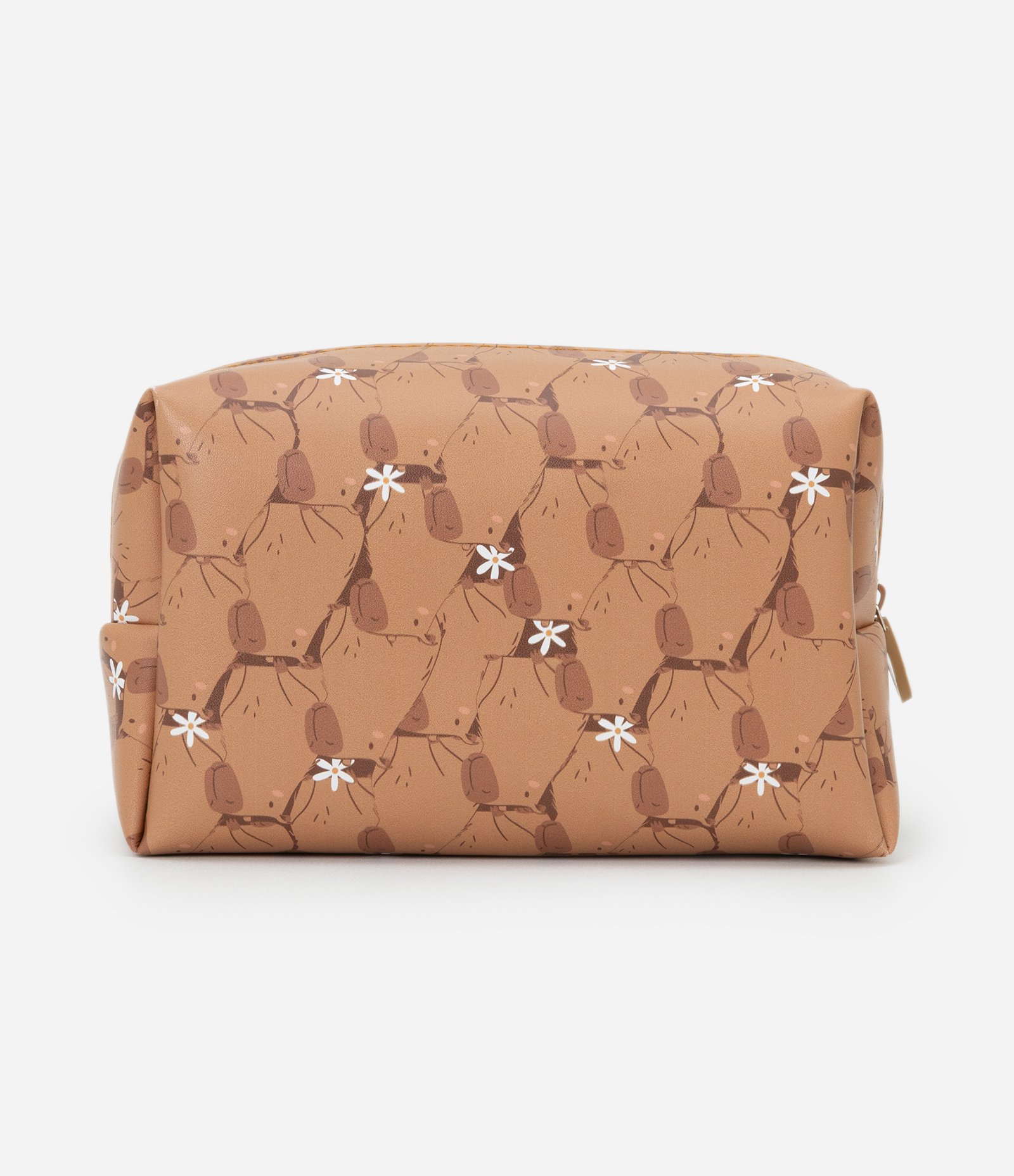 Necessaire Retangular em PU com Estampa de Capivaras Marrom 3