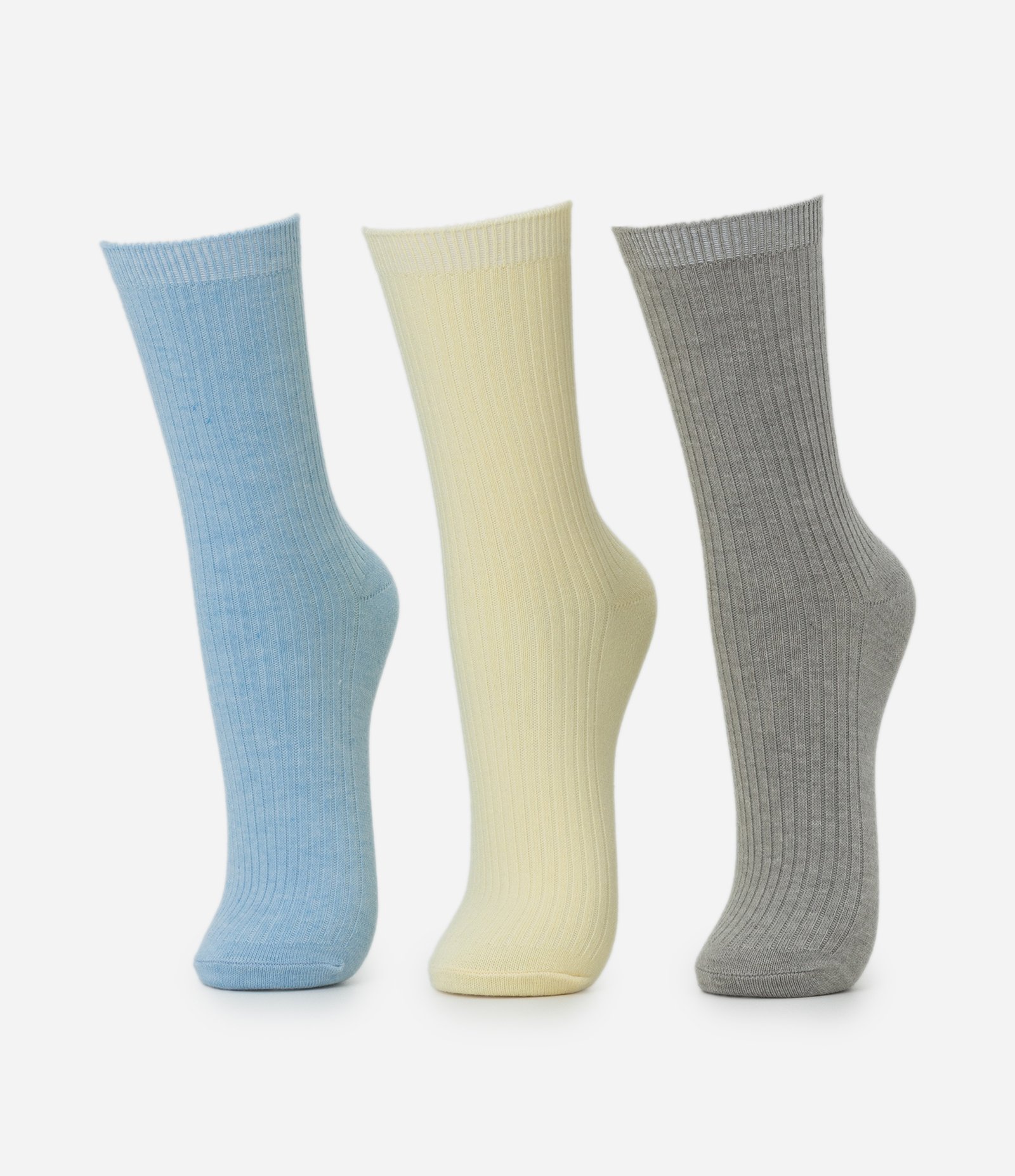 Kit 03 Pares de Meias Cano Médio Canelado Sporty Emborrachado Cinza/Azul/Amarelo 5