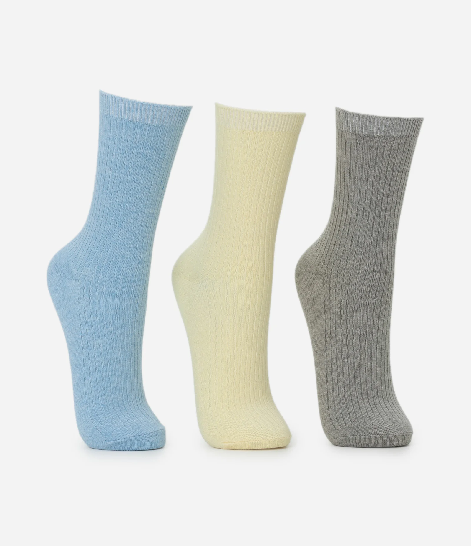 Kit 03 Pares de Meias Cano Médio Canelado Sporty Emborrachado Cinza/Azul/Amarelo 2