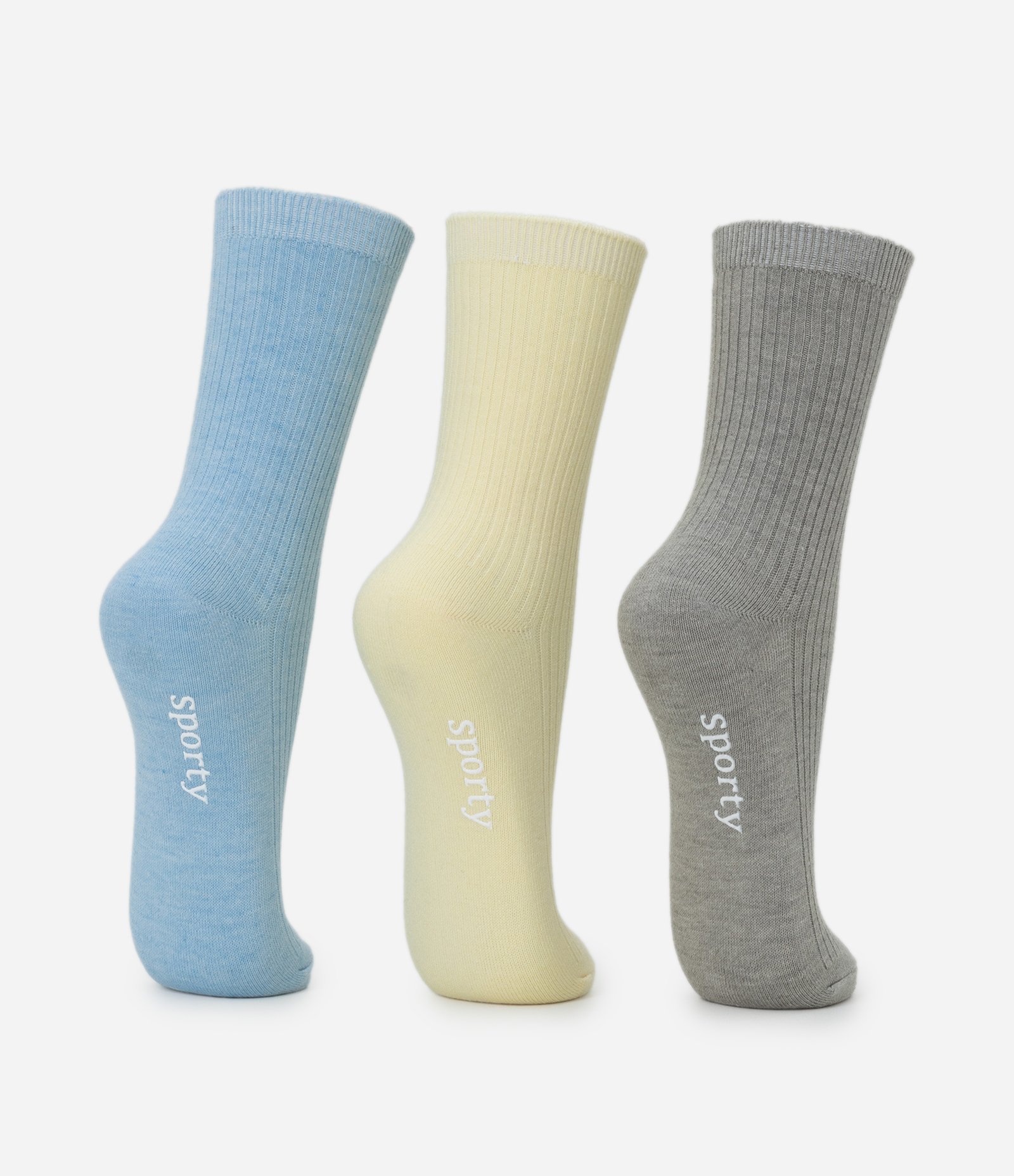 Kit 03 Pares de Meias Cano Médio Canelado Sporty Emborrachado Cinza/Azul/Amarelo 3