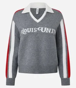 Suéter em Tricô com Gola Polo e Lettering