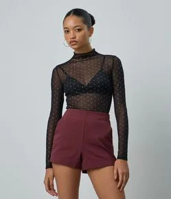 Blusa Manga Longa em Tule com Aplicação de Brilho