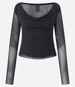Blusa em Tule com Decote Degagê e Brilho