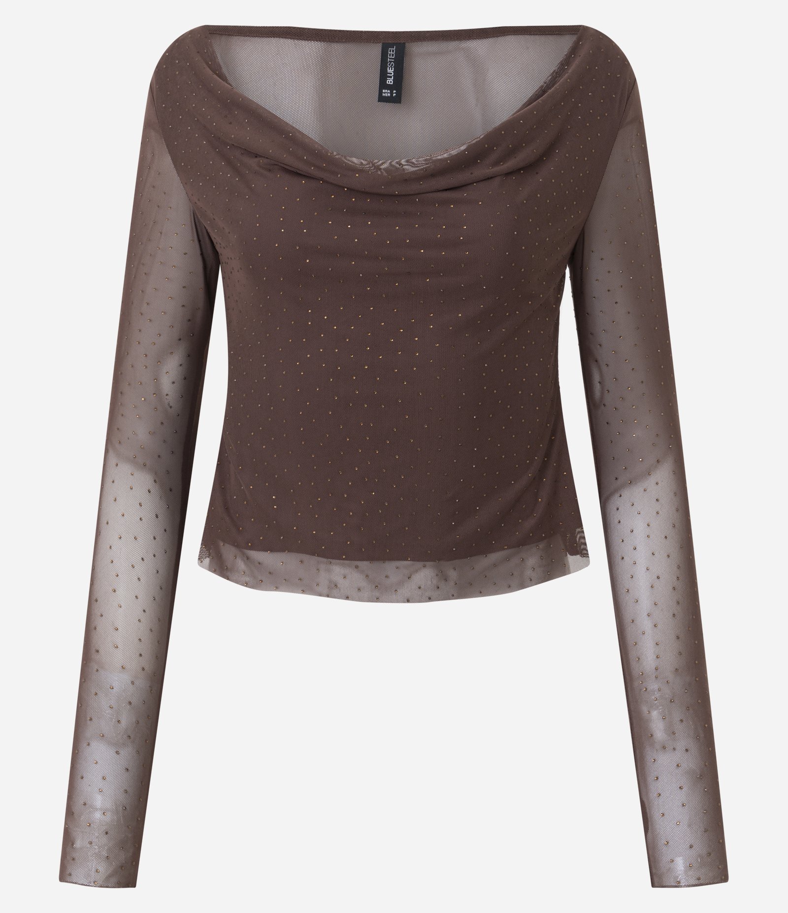 Blusa em Tule com Decote Degagê e Brilho Marrom 1