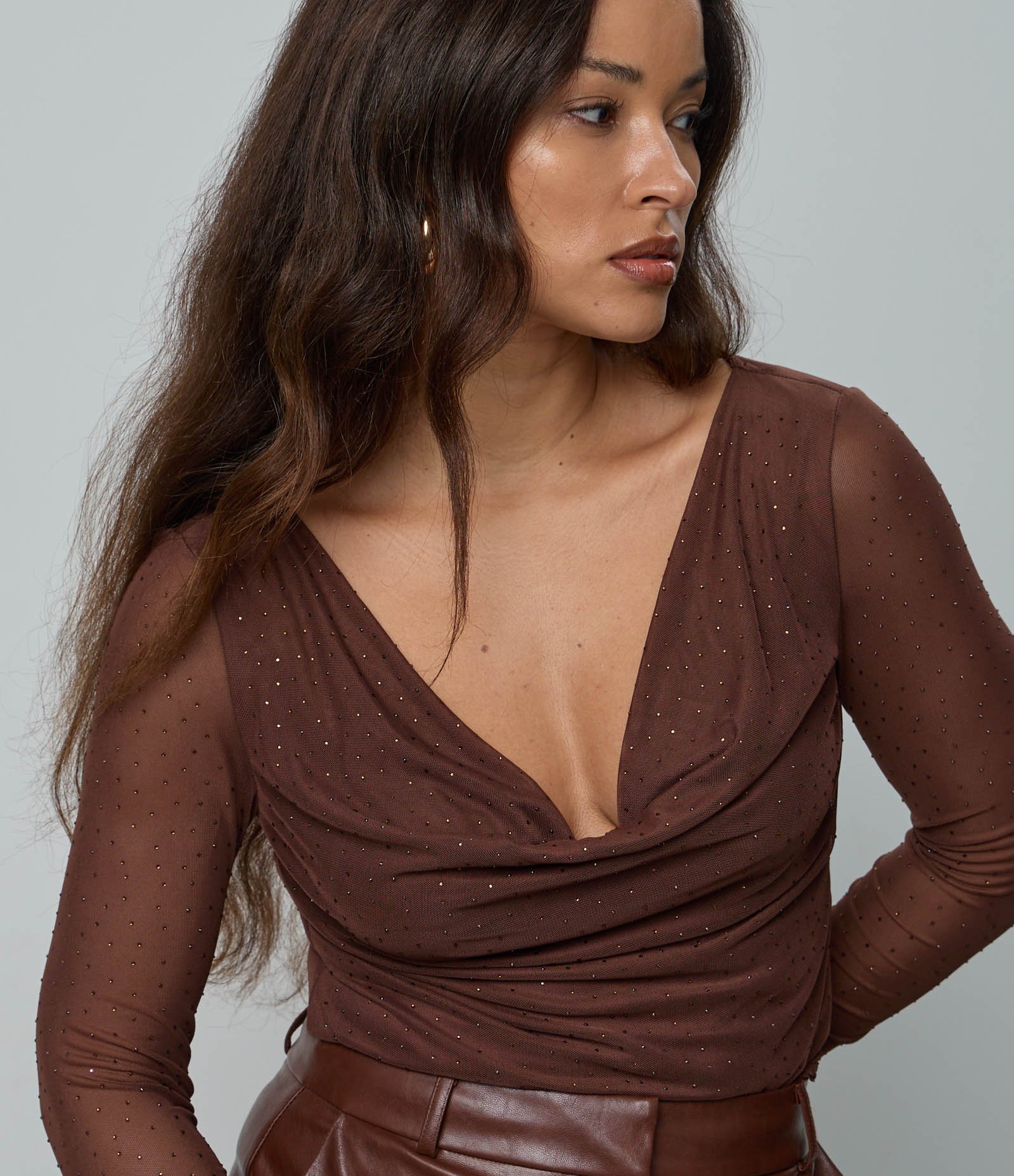Blusa em Tule com Decote Degagê e Brilho Marrom 3