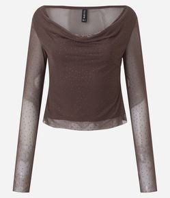 Blusa em Tule com Decote Degagê e Brilho