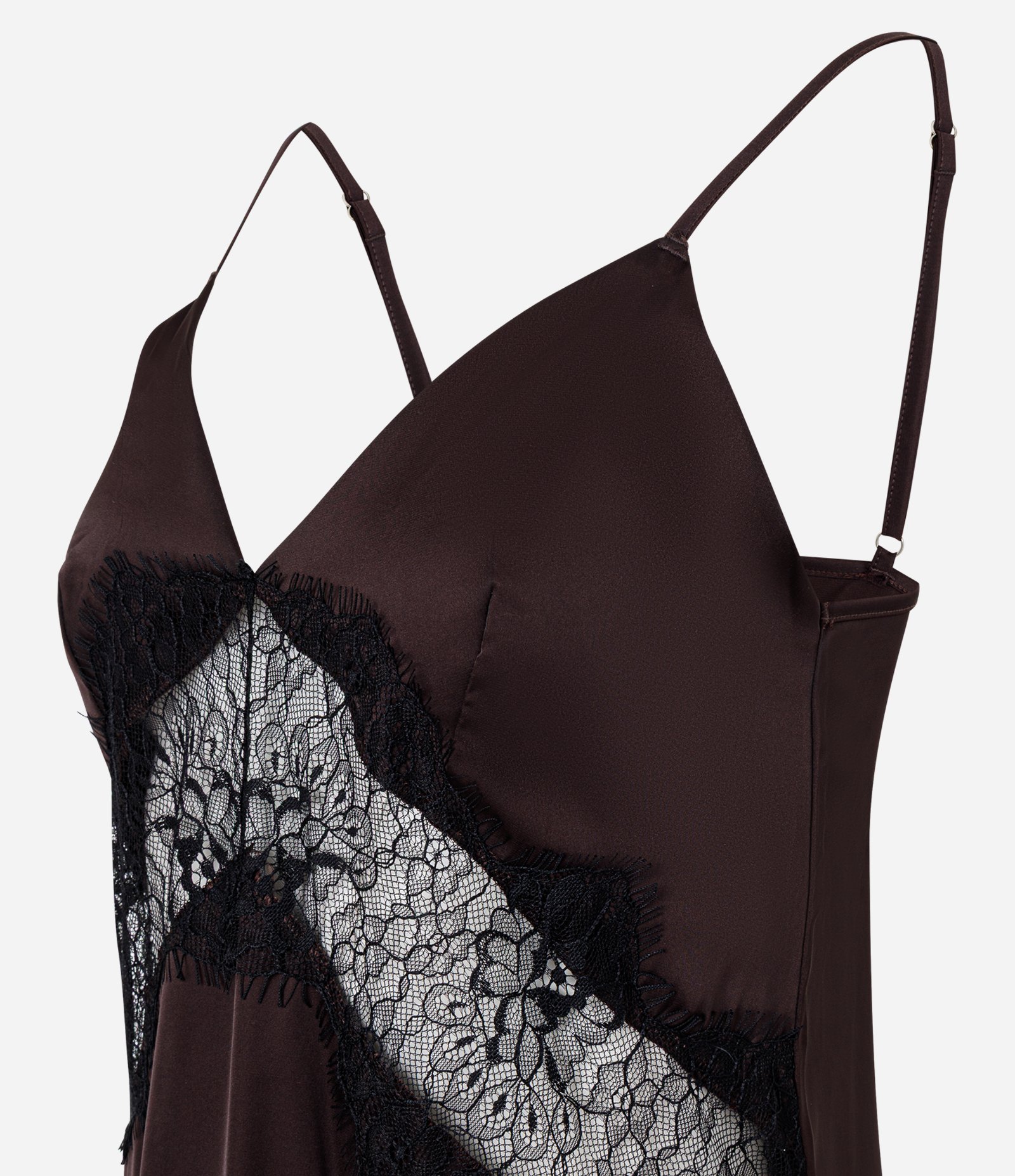 Camisola Acetinada com Renda Vazada Marrom 5