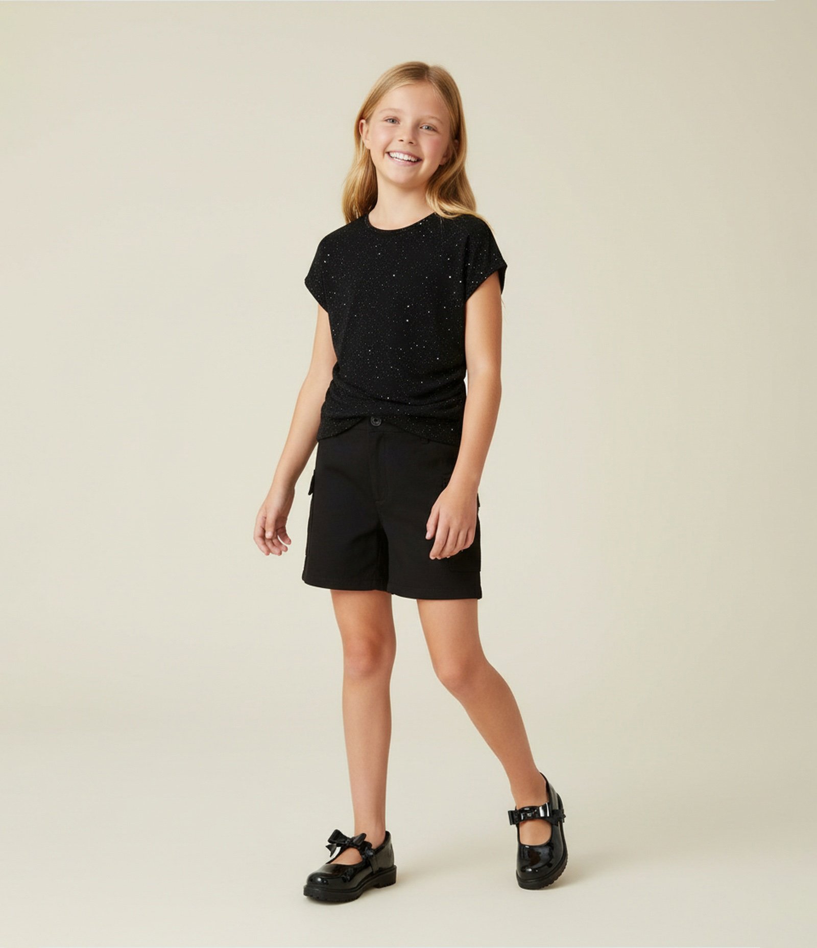Blusa Infantil com Franzido Lateral e Brilhos - Tam 5 a 14 Anos Preto 1