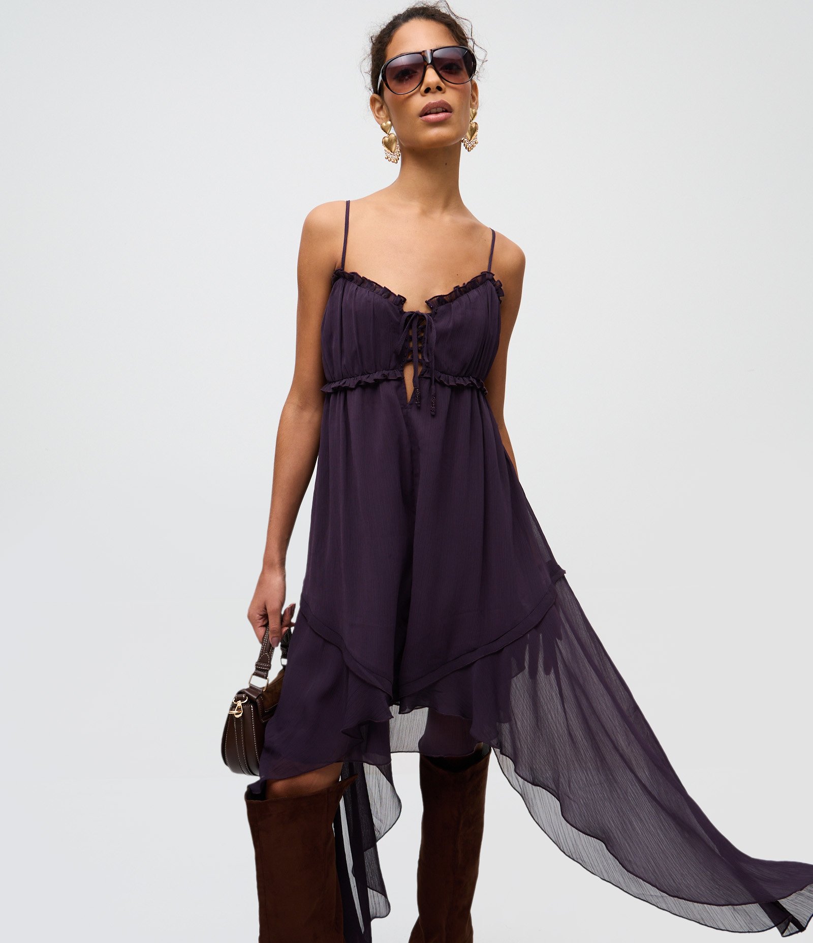 Vestido Midi Assimétrico em Chiffon com Babados Roxo 4