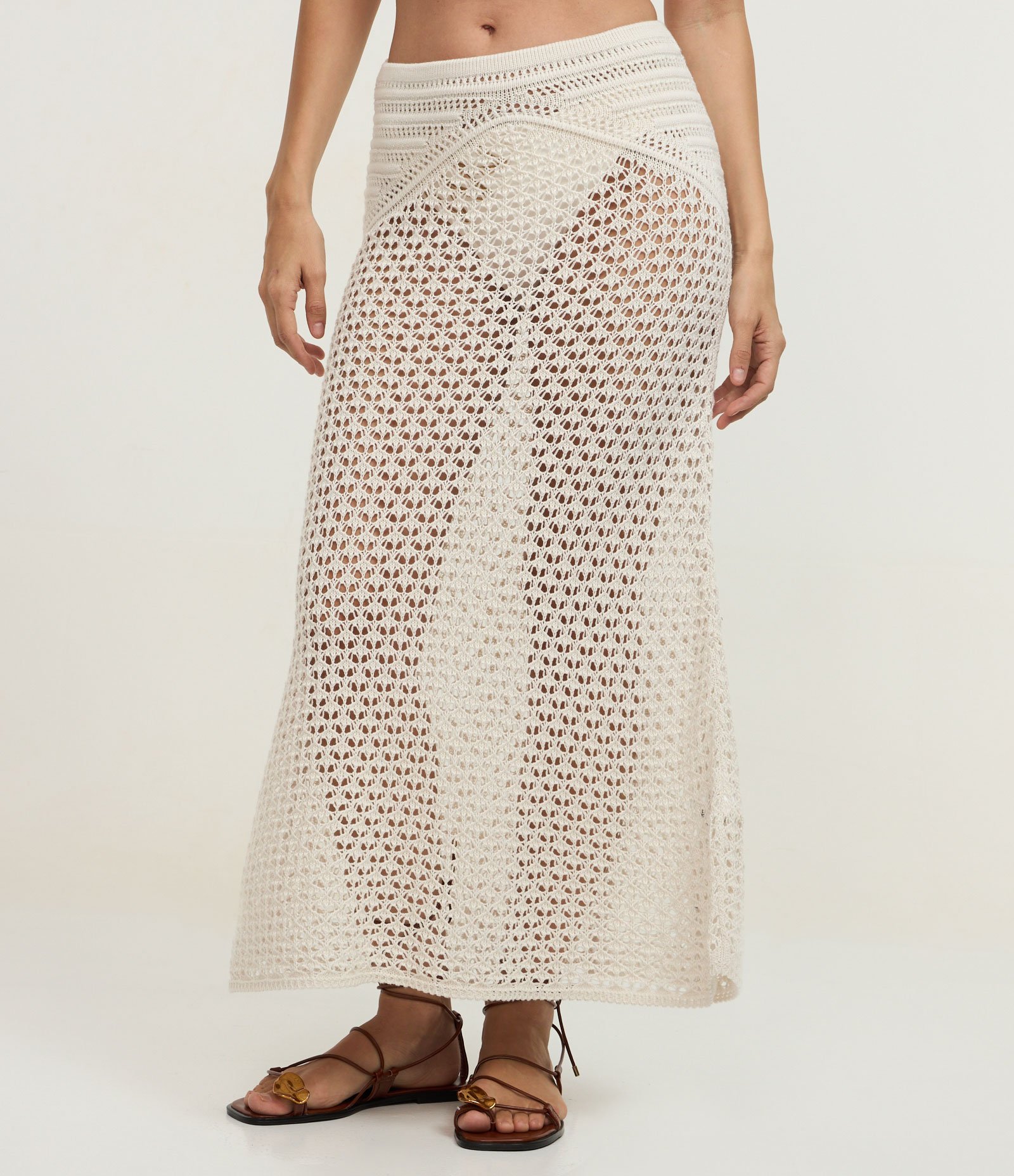 Saída de Praia Saia Midi em Tricô com Pala Trabalhada Off White 2