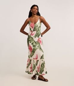 Vestido Long Midi de Alça em Viscose com Estampa Folhagem