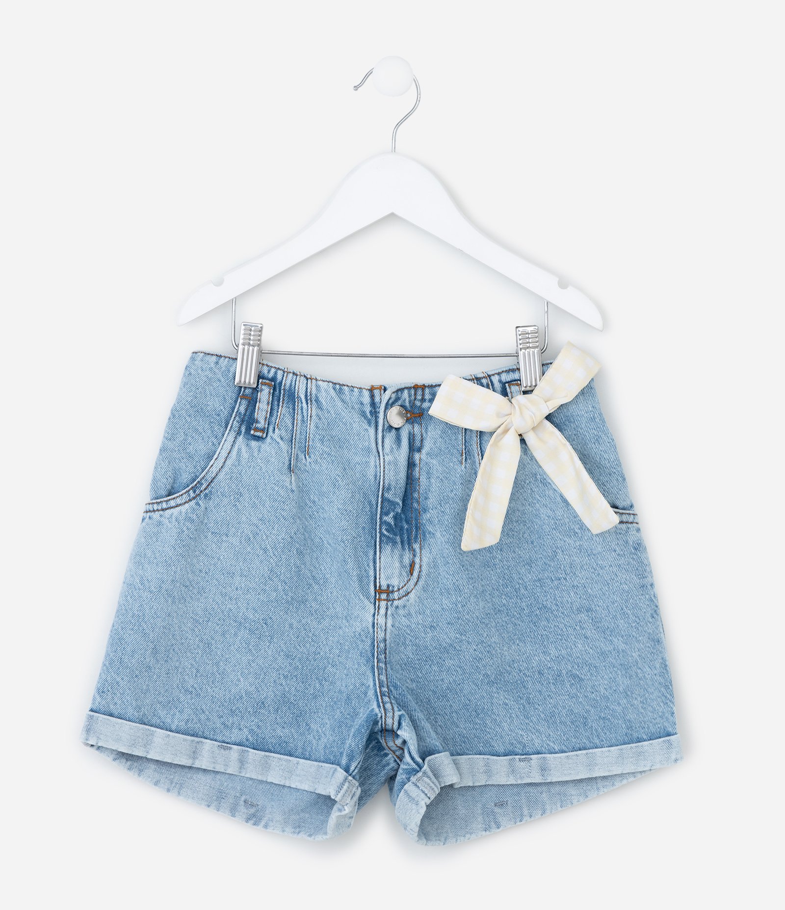 Short Infantil Jeans com Lenço Xadrez Vichy - Tam 7 a 16 Anos Azul 1