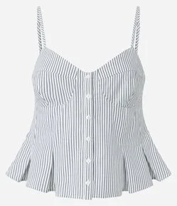 Blusa Listrada em Tricoline com Decote Coração e Pregas na Barra