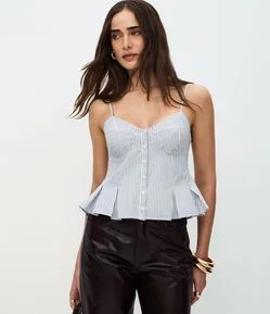 Blusa Listrada em Tricoline com Decote Coração e Pregas na Barra