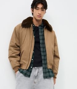 Jaqueta Bomber em Sarja Lisa e com Gola Removível