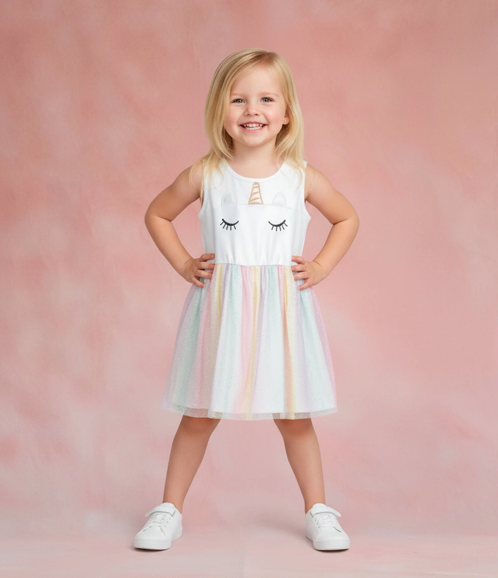 Vestido Infantil Sem Manga com Tule e Unicórnio – Tam 1 a 5/6 Anos Branco 1