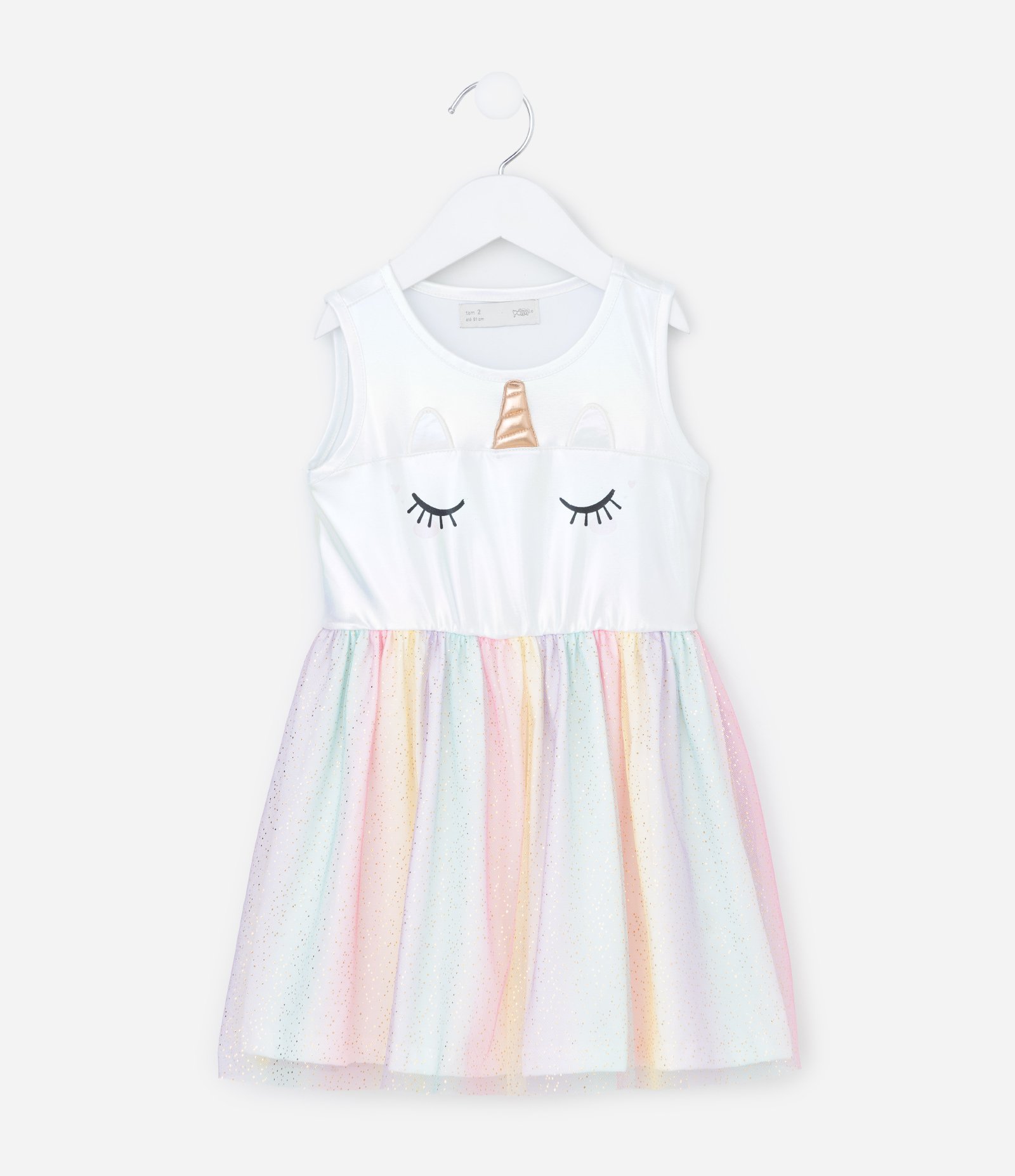 Vestido Infantil Sem Manga com Tule e Unicórnio – Tam 1 a 5/6 Anos Branco 2