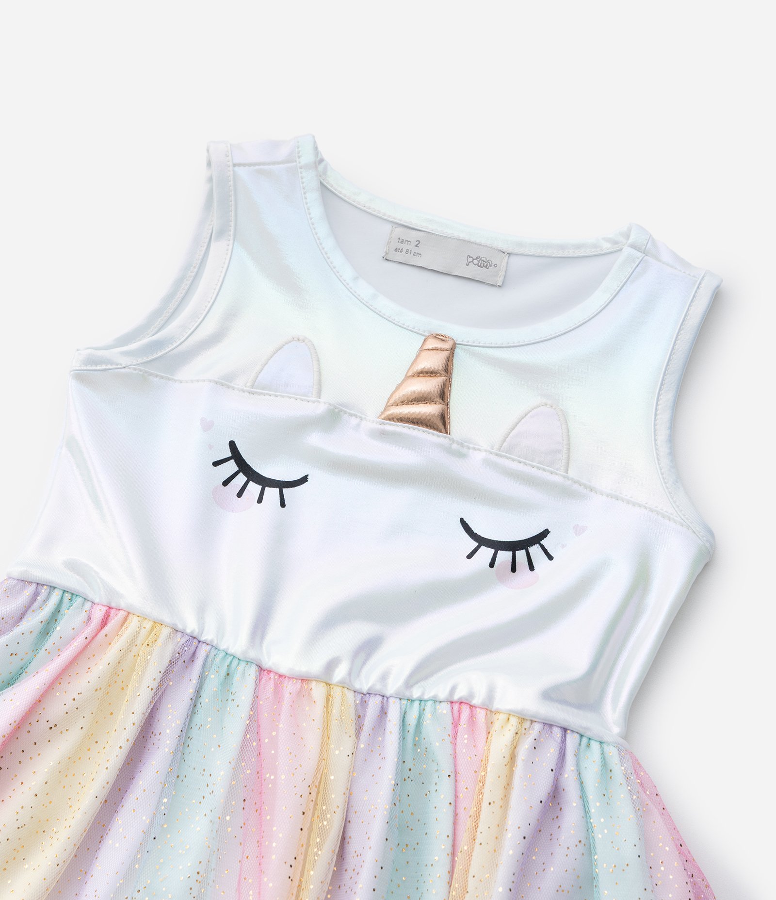 Vestido Infantil Sem Manga com Tule e Unicórnio – Tam 1 a 5/6 Anos Branco 5