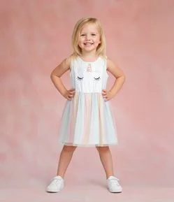 Vestido Infantil Sem Manga com Tule e Unicórnio – Tam 1 a 5/6 Anos