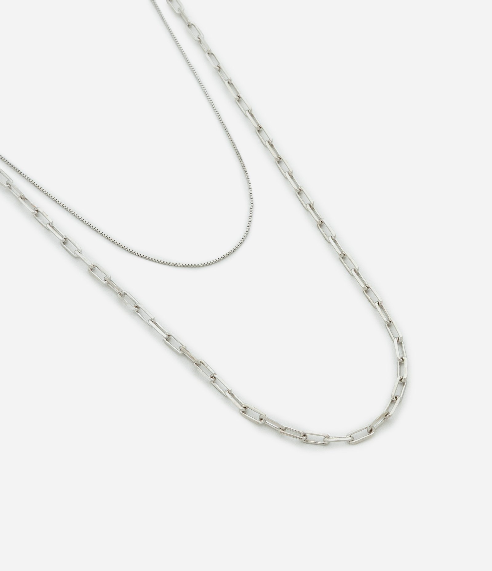 Colar Duplo Liso e Corrente em Metal Prata 1