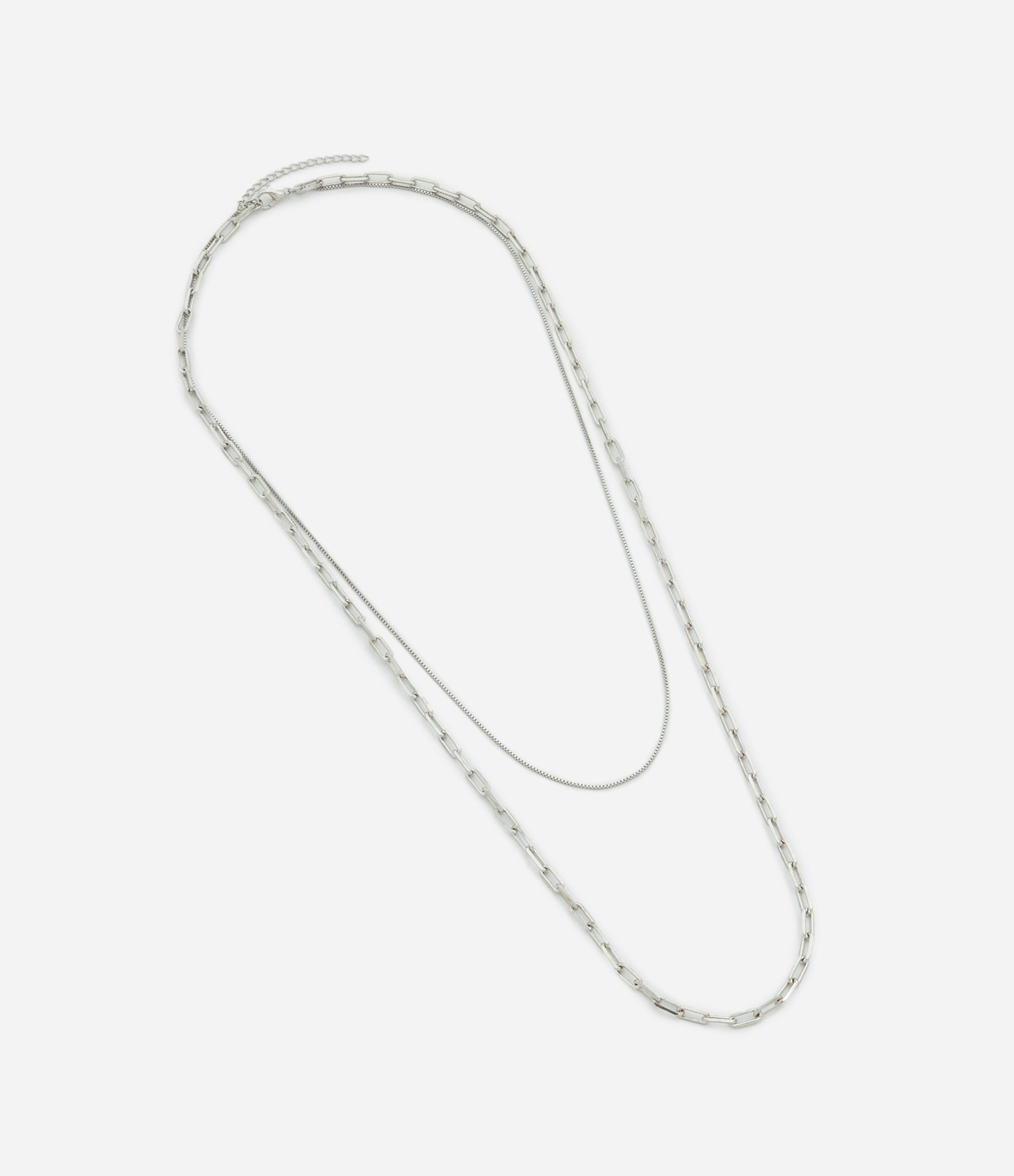 Colar Duplo Liso e Corrente em Metal Prata 2