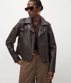 Jaqueta Leve em PU Estilo Biker com Zíper