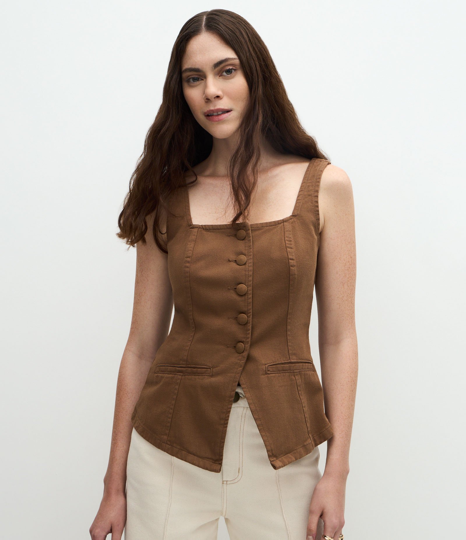 Colete Regular em Sarja com Decote Quadrado Marrom Médio 1