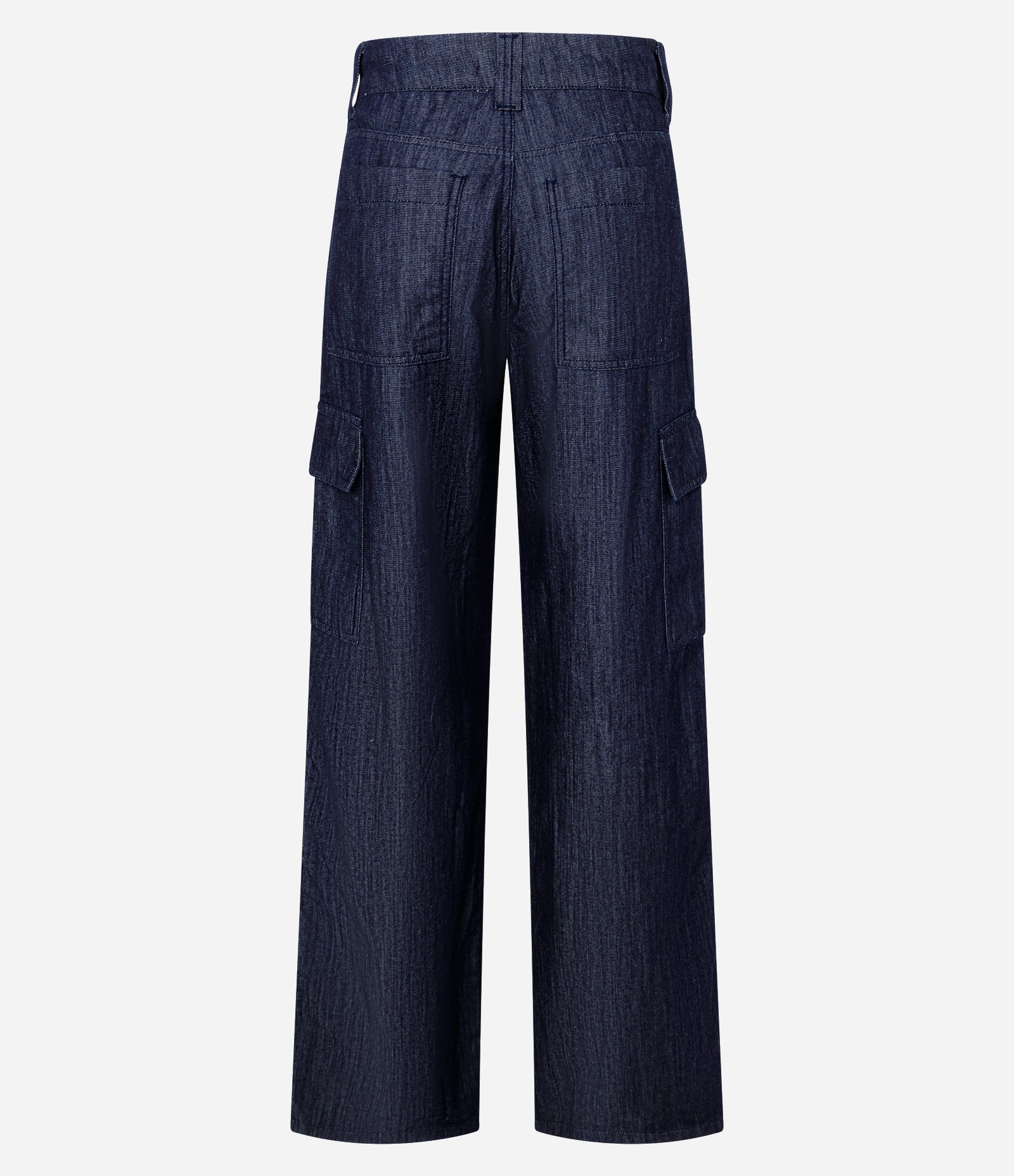 Calça Wide Leg em Jeans com Cintura Média e Bolsos Cargo Azul Escuro 6