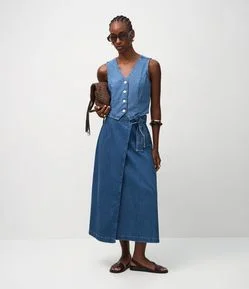 Saia Lápis Midi em Jeans com Transpasse Envelope