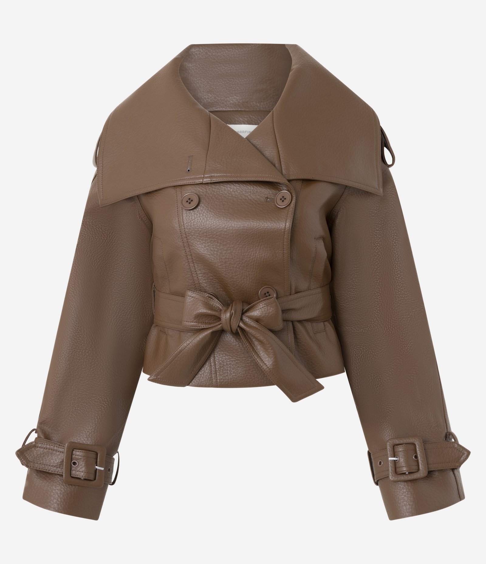 Trench Coat Curto em PU com Amarração Marrom 1