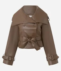 Trench Coat Curto em PU com Amarração