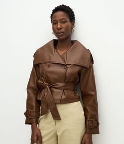 Trench Coat Curto em PU com Amarração