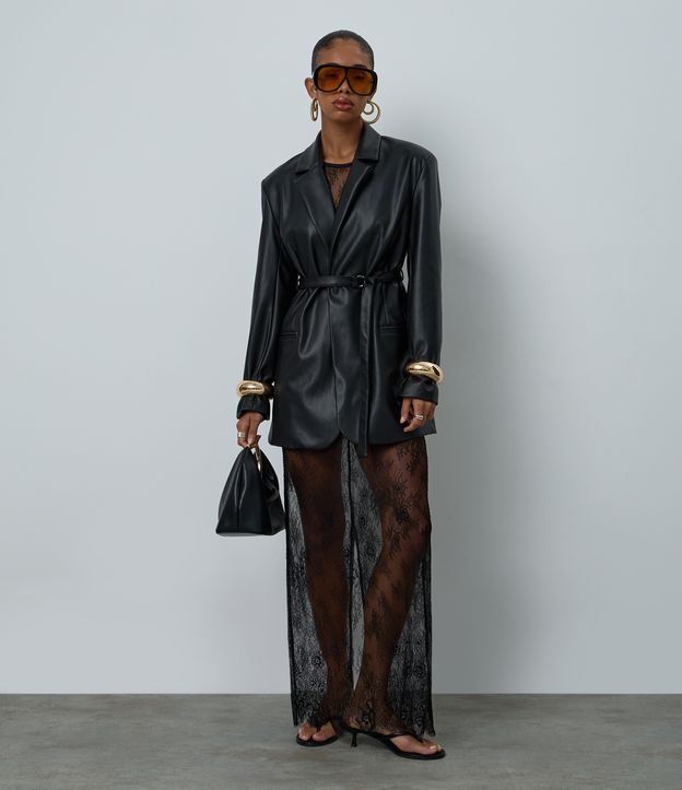 Blazer Alongado em PU com Amarração na Cintura