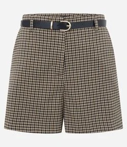 Short Alfaiatado com Estampa Pied de Poule e Cinto