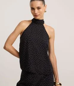 Blusa em Crepe com Gola Halter e Estampa Poá