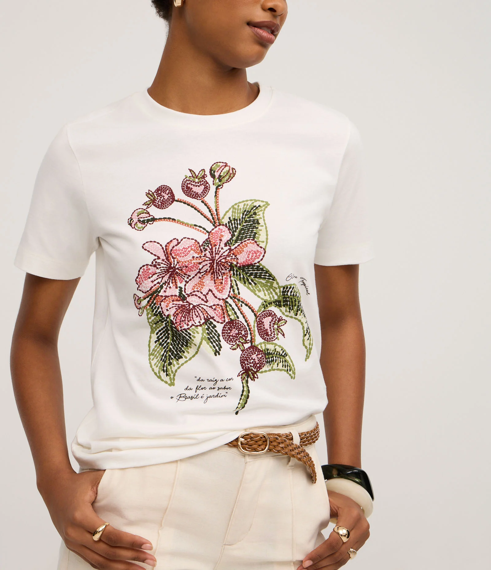 Camiseta Slim em Algodão com Estampa Floral em Flores Pontilhadas Branco 4